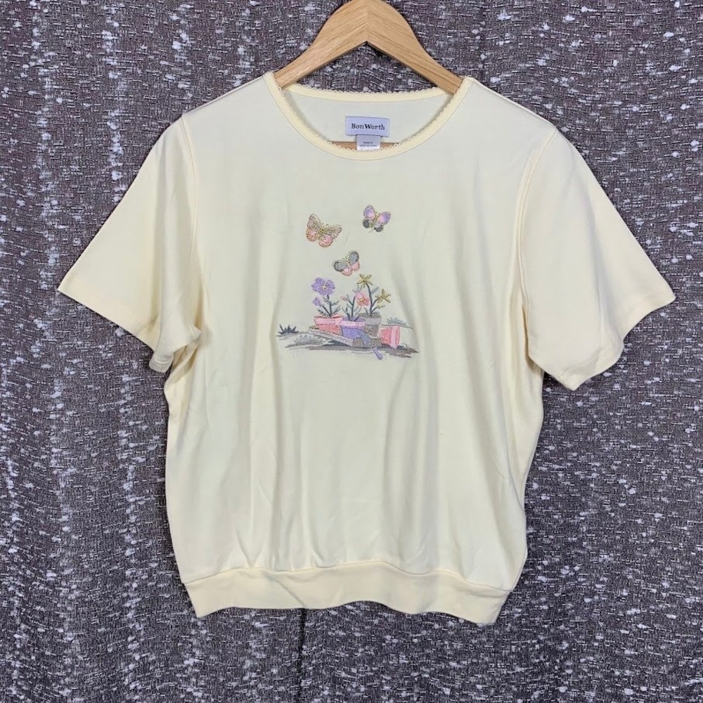 BonWorth Yellow Embroidered Butterfly Flower Top Garden Cottage Women's SP
